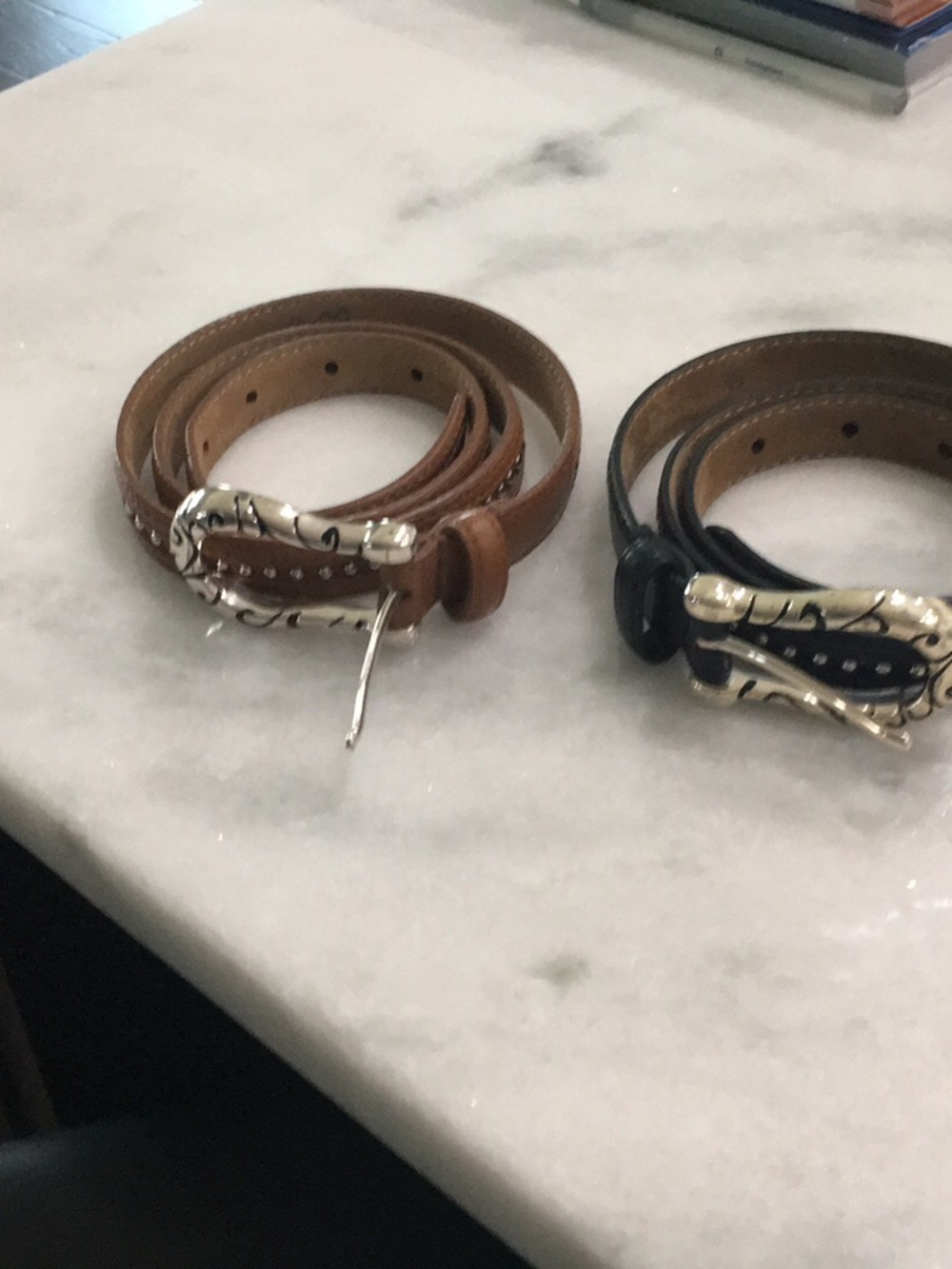 Brighton Brown and Black Leather Belts with Ornate Silver Buckles